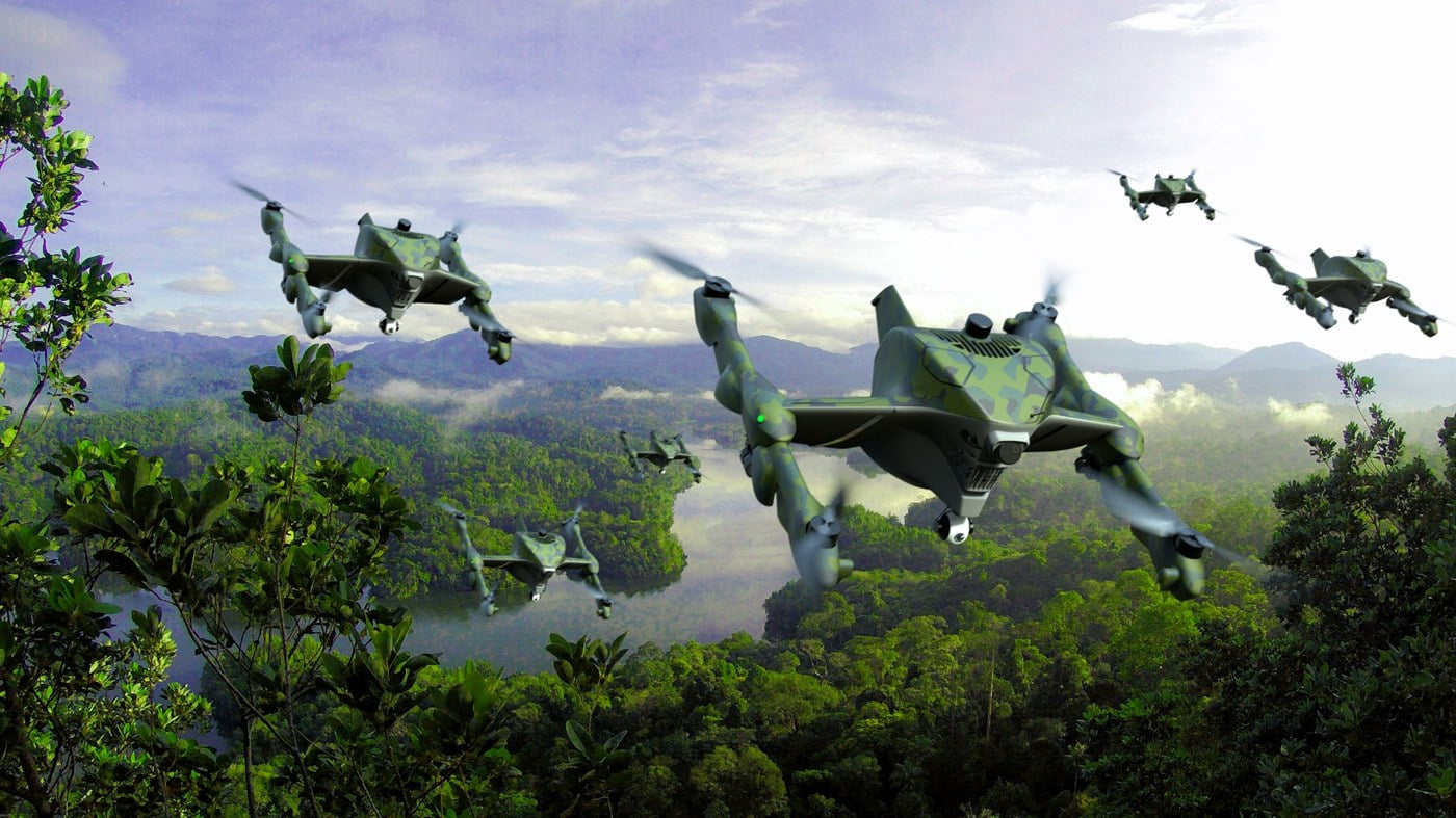 Multiple Recruit drones in jungle configuration flying over a forested river landscape.